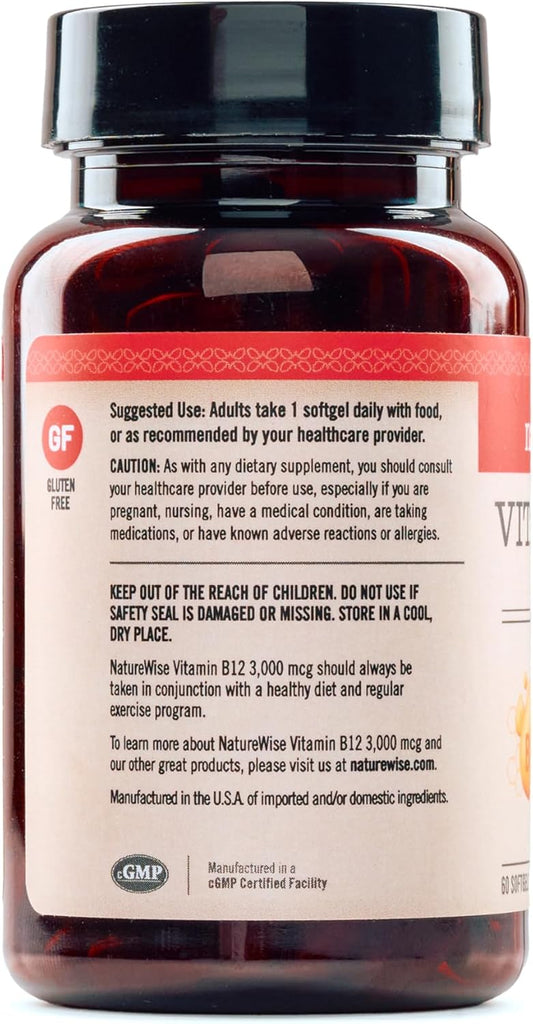 Naturewise Vitamin B12 3000 Mcg - Extra Strength - Supplement For Supporting Energy Levels, Mental Clarity, Nervous System Health - Easy-To-Swallow, Soy And Gluten-Free, Non-Gmo - 60 Softgels
