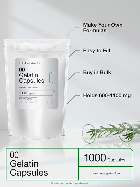 Horbäach Empty Pill Capsules Size 00 | 1000 Clear Gelatin Capsules | Resealable Bag | Non-Gmo, Gluten Free