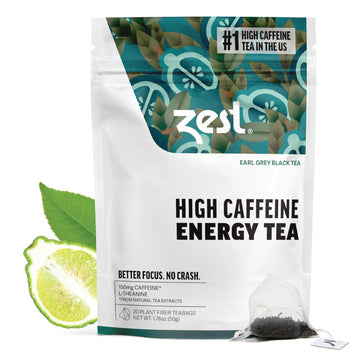 Zest 150Mg High Caffeine Energy Leaf Blend - Earl Grey Black Tea - 20 Pack Bag - Hot Or Iced - All Natural Strong Flavored Healthy Coffee Alternative Highly Caffeinated Substitute - Perfect For Keto