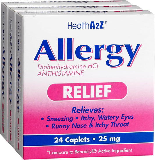 Healtha2Z Allergy Relief, Diphenhydramine Hcl 25Mg, Antihistamine Tablets, 3 Pack ā Itchy Throat, Sneezing & Runny Nose Relief
