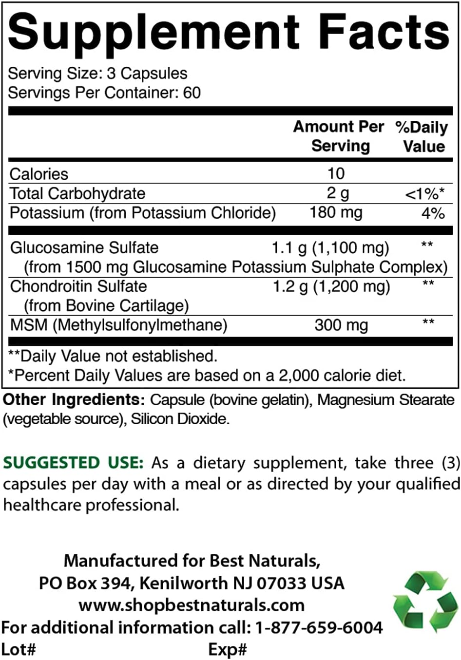 Best Naturals Glucosamine Chondroitin and MSM (Non-GMO) - Promotes Joint Health - 180 Count