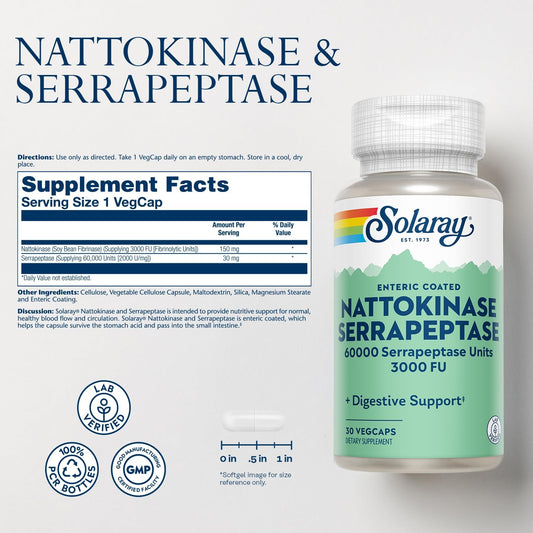 Solaray Nattokinase Serrapeptase Supplement - Enteric Coated - 3000 Fu Nattokinase Supplement - Circulation, Cardiovascular, Sinus Support - Lab Verified, 60-Day Guarantee - 30 Servings, 30 Vegcaps