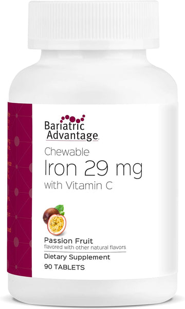 Bariatric Advantage Chewable Iron 29 Mg - For Bariatric Surgery Patients - Iron With Vitamin C - No Iron Taste - Ferrous Fumarate & Carbonyl Iron Supplement - Passion Fruit - 90 Count