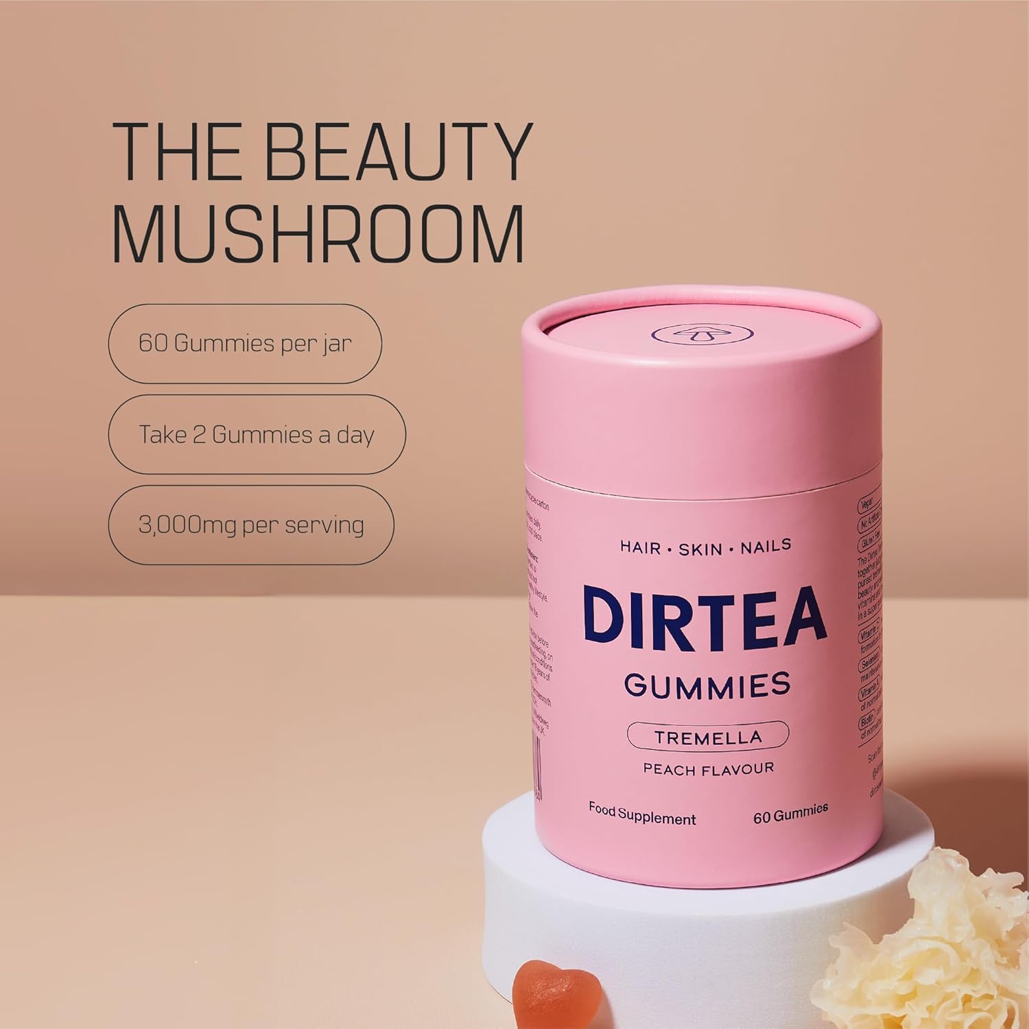 DIRTEA Tremella Mushroom Gummies with Biotin & Vitamin C - Hair, Nail & Skin Supplement - Vegan, Natural, Sugar-Free - 1 Month's Supply - 3,000mg Tremella per Serving - 60 Gummies - Peach Flavour : Amazon.co.uk: Health & Personal Care