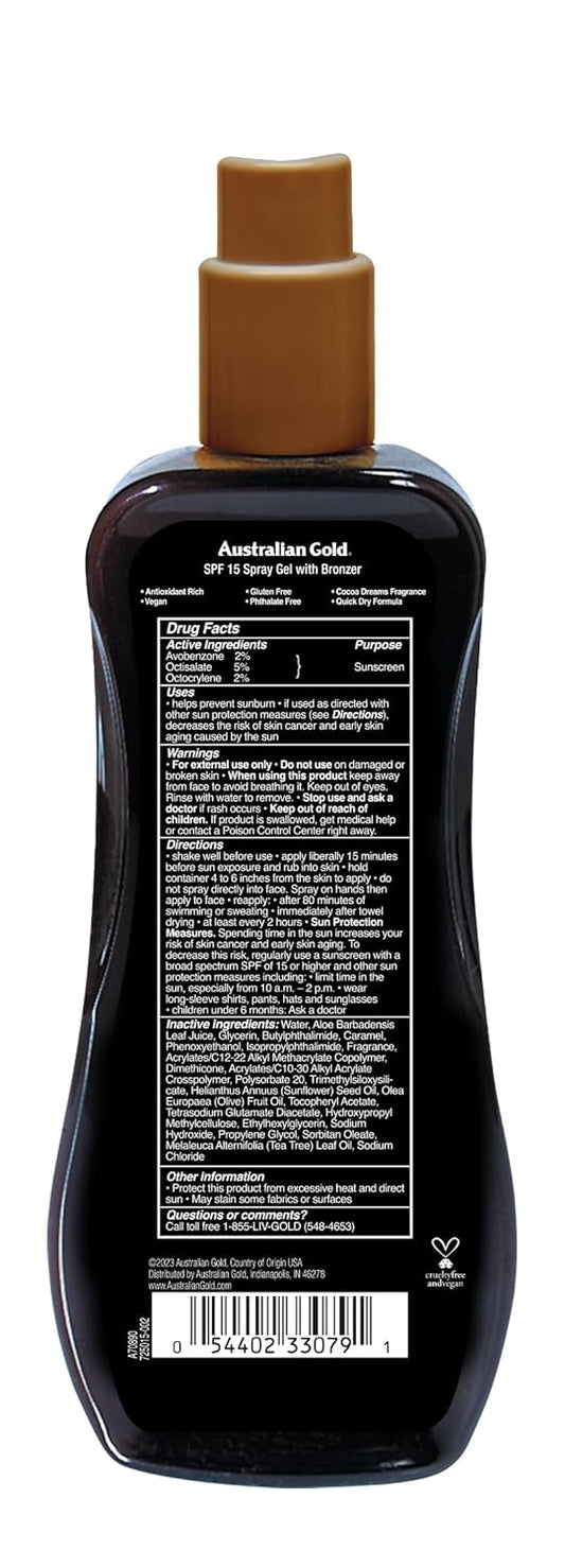 Australian Gold Spray Gel Sunscreen With Instant Bronzer Spf - 4, 8 Ounce | Moisturize & Hydrate Skin | Broad Spectrum | Water Resistant | Non-Greasy | Oxybenzone Free | Cruelty Free