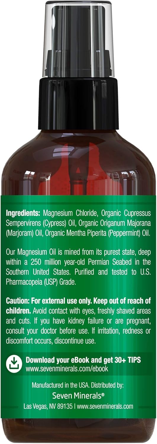 Magnesium Oil Spray - Powerful USA Made Magnesium Oil Blend with Essential Oils (Cypress, Sweet Marjoram and Peppermint) - Free Ebook Included (4 fl oz) : Health & Household