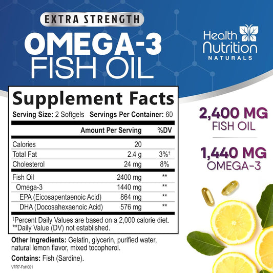 Omega 3 Fish Oil 2400 Mg - Triple Strength Omega3, Epa & Dha Fatty Acids Supplement - Natural Support For Immune, Heart & Brain Health - Wild Caught, Non-Gmo, Lemon Flavor, Burpless - 120 Softgels