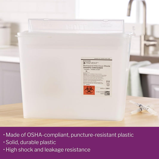 Mckesson Prevent Sharps Container - Plastic, Horizontal Entry, Counter-Balanced Door Lid - White, 1.25 Gal, 10 1/2 In X 4 3/4 In X 10 3/4 In, 1 Count