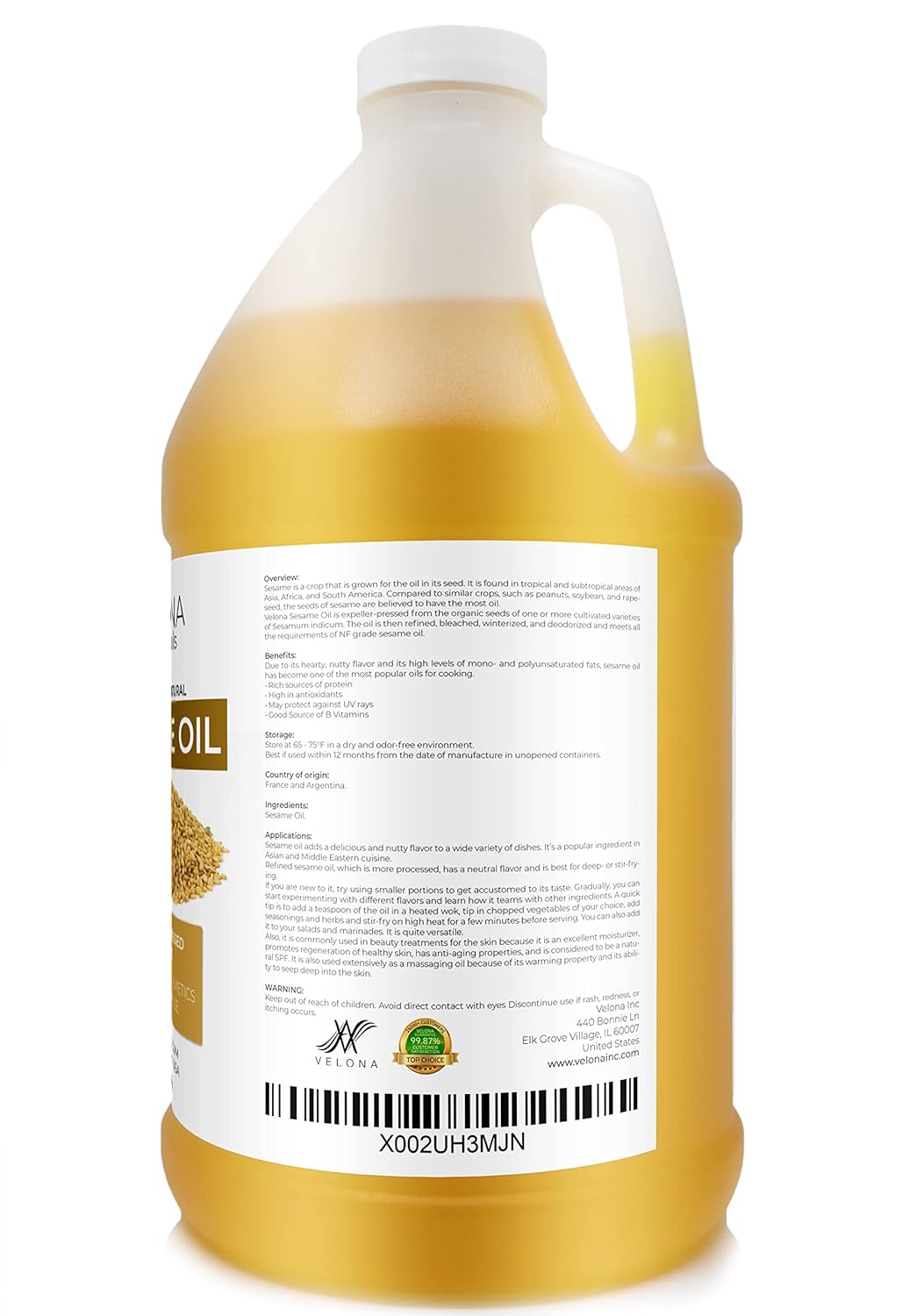 velona Sesame Seed Oil 64 oz | 100% Pure and Natural Carrier Oil | Refined, Expeller Pressed | Cooking, Skin, Hair, Body & Face Moisturizing | Use Today - Enjoy Results : Beauty & Personal Care