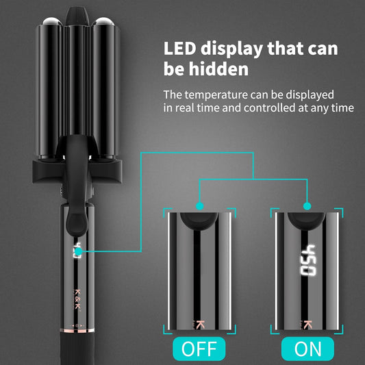 3 Barrel Curling Iron Wand Dual Voltage Hair Crimper With Lcd Temp Display - 22Mm Ceramic Tourmaline Triple Barrels Temperature Adjustable Protable Hair Waver Heats Up Quickly (Black)
