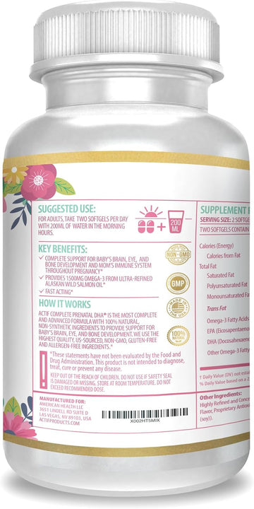 Actif Complete Prenatal Dha With 1500Mg Omega-3, 100% Natural, Organic Dha, Epa β Non-Gmo, 90 Count