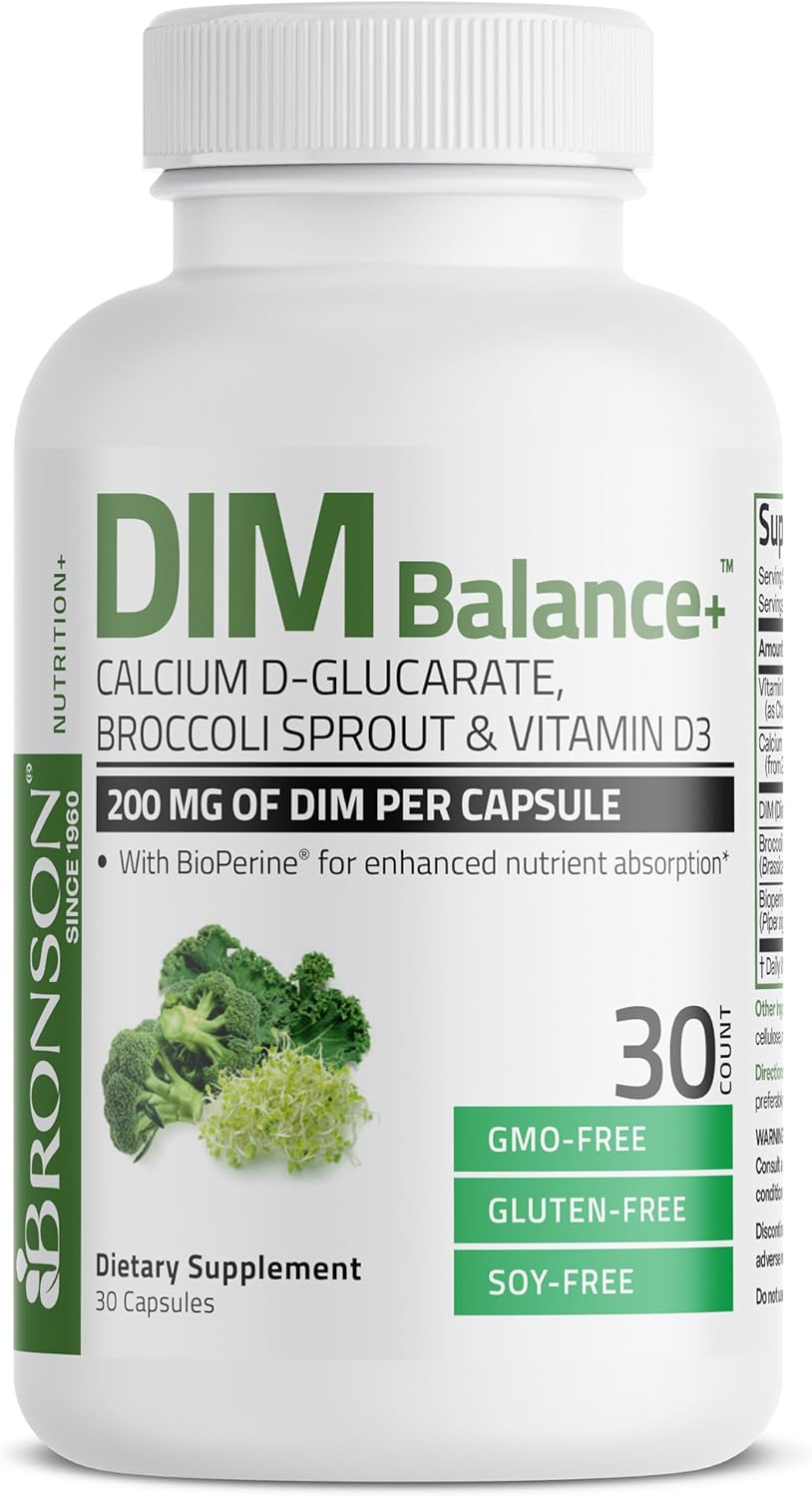 Bronson DIM Balance+ Calcium D-Glucarate, Broccoli Sprouts and Vitamin D3 200 MG of DIM per Capsule Supports Estrogen Metabolism and Balanced Hormone Levels Non-GMO, 30 Vegetarian Capsules : Health & Household