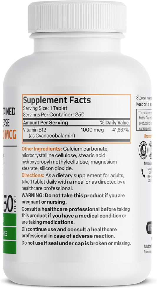 Bronson Vitamin B12 1000 Mcg (B12 Vitamin As Cyanocobalamin) Sustained Release Premium Non Gmo Tablets Supports Nervous System, Healthy Brain Function And Energy Production, 250 Count