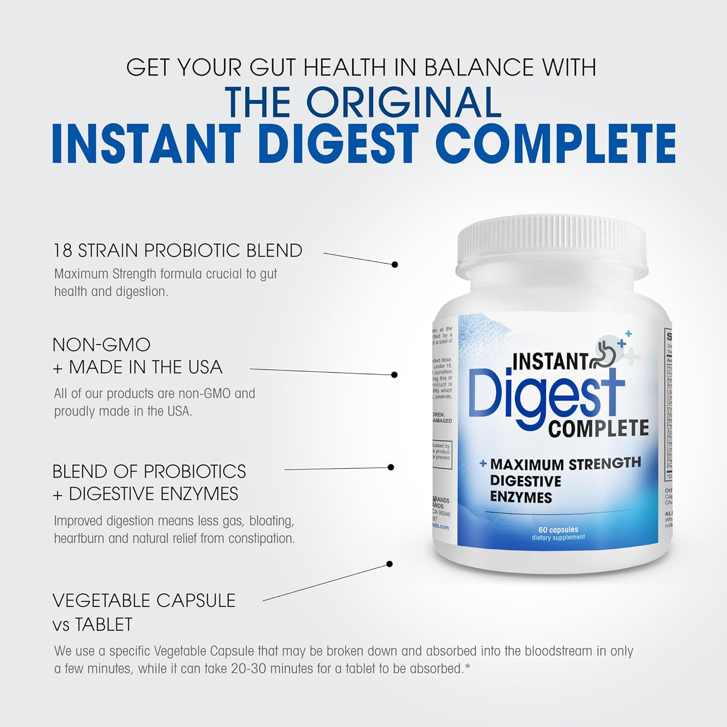 Instant Digest Complete 2-in-1 Probiotic Digestive Enzymes, 60 Capsules : Health & Household