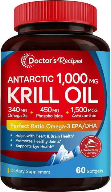 Doctor'S Recipes Antarctic Krill Oil Omega 3 Supplement, 1000Mg Softgels, Dha:Epa At 1:2 Perfect Ratio, 1.5Mg Astaxanthin, Clean Extraction, No Fish Taste, Joint, Brain, Eye Health, Non-Gmo