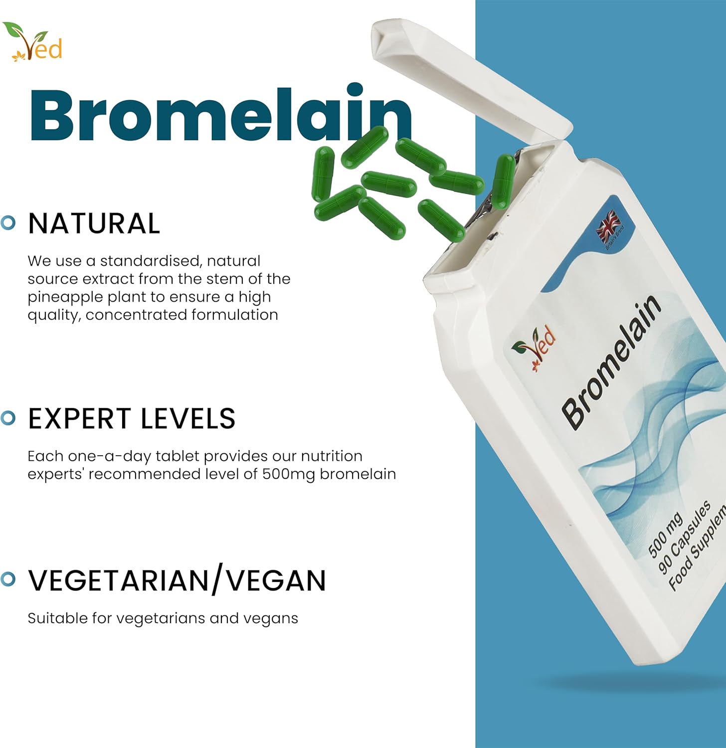 Ved Bromelain Capsule High Strength 3000 GDU/g 500mg per Capsule, Naturally Derived from Pineapple, Vegan Capsule, 90 Capsule(3 Months Supply) : Amazon.co.uk: Health & Personal Care