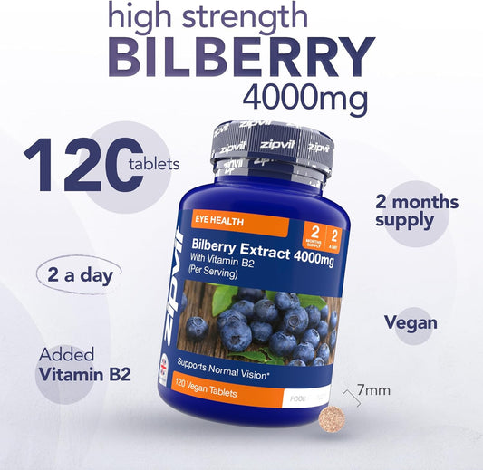 Zipvit Bilberry Extract 4000Mg With Vitamin B2, High Strength Bilberry Eye Supplement, Eye Health Supplement For Vision Support, 120 Vegan Tablets, 2 A Day, 2 Month Supply