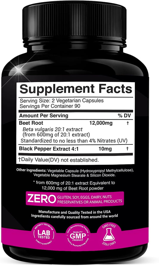 Beet Root Extract Capsules - 12000Mg 20X Concentrated Beet Root Capsules Supplement W/Black Pepper - High Nitrates - Natural Nitric Oxide Booster - Highly Concentrated & Bioavailable -180 Veggie Caps