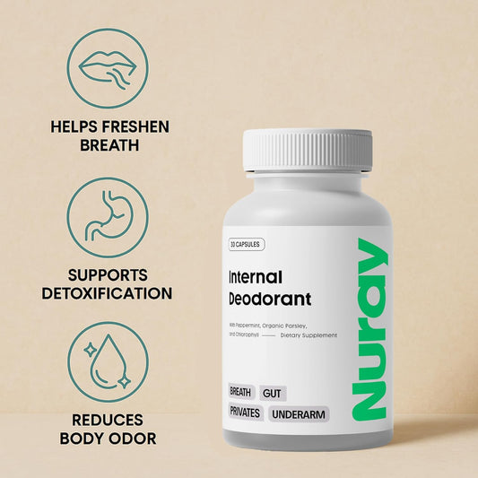 Nuray Internal Deodorant Supplement | Natural Chlorophyll 30 Capsules For Body Odor Control, Gut Health, And Fresh Breath | Vegan, Detox Support, & Skin Health | Odor Eliminator For Men & Women