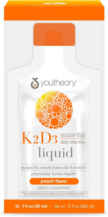 Youtheory K2 And D3 Daily Vitamin Supplement For Calcium Absorption, Bone Strength And Cardiovascular Support, Liq Peach Avor, 12  1 Single Serving Packets