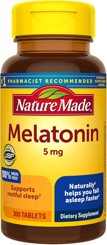 Nature Made Melatonin 5Mg Tablets, 100% Drug Free Sleep Aid For Adults, 300 Tablets, 300 Day Supply