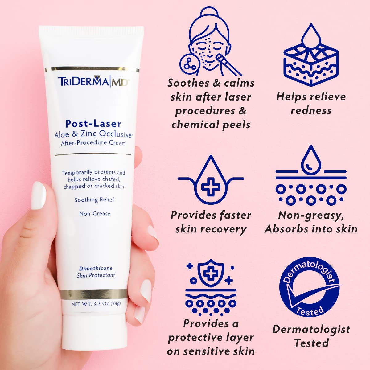 Triderma Post Laser Aloe & Zinc Occlusive Post Treatment Cream For Use After Chemical Peels, Micro-Needling Or Laser Treatments 3.3 Oz : Beauty & Personal Care
