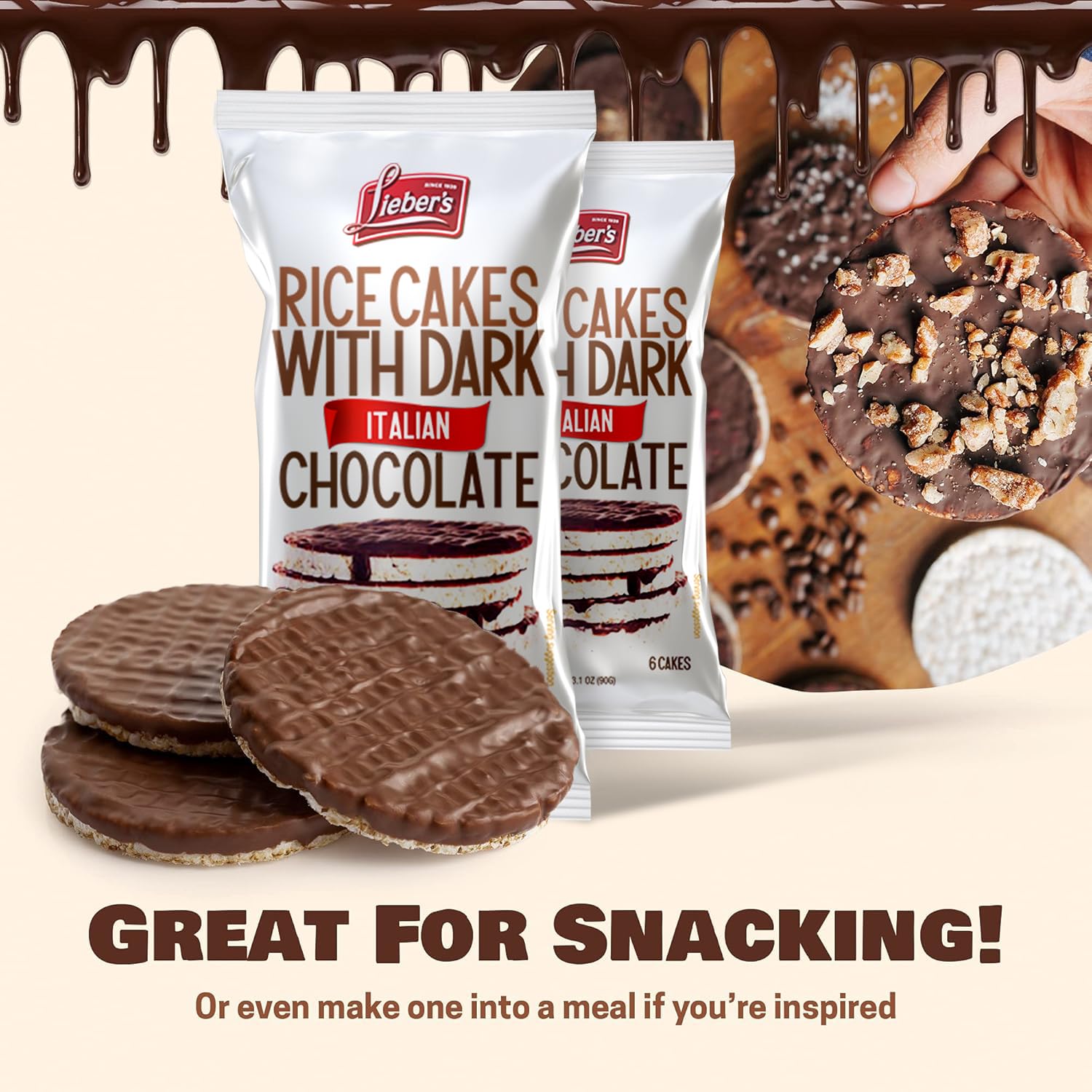Liebers Thin Chocolate Rice Cakes, Kosher Certified Dairy And Dairy Free Options, Gluten Free Snack (Brittle Topped Dark Chocolate) : Grocery & Gourmet Food