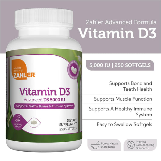 Zahler - Advanced Vitamin D3 5000 Iu Softgels (250 Count) Kosher Vegetarian Friendly Vitamin D For Immune Support, Bone, Teeth & Muscle Health - Daily D3 Vitamin Supplement For Adults - Easy Swallow V