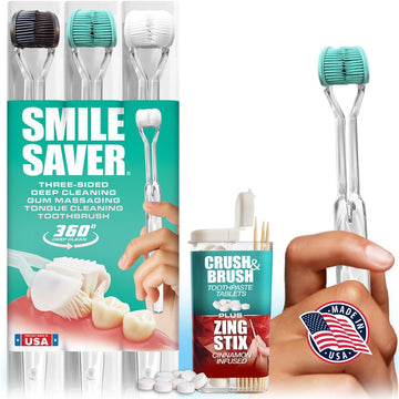 Smile Saver 360° Deep Clean 3-Sided Toothbrush 3Pk + Toothpaste Tablets + Flavor Infused Toothpicks | Deep Cleaning + Gum Massage + Tongue Scraper (Black, Teal & White - Charcoal - Peppermint)