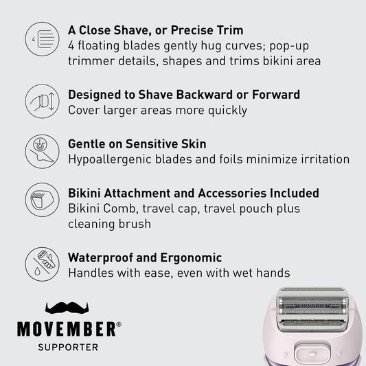Panasonic Close Curves Electric Shaver for Women, Cordless 4-Blade Shaver, Bikini Attachment, Pop-Up Trimmer, Wet Dry Operation - ES-WL80-V (Purple)
