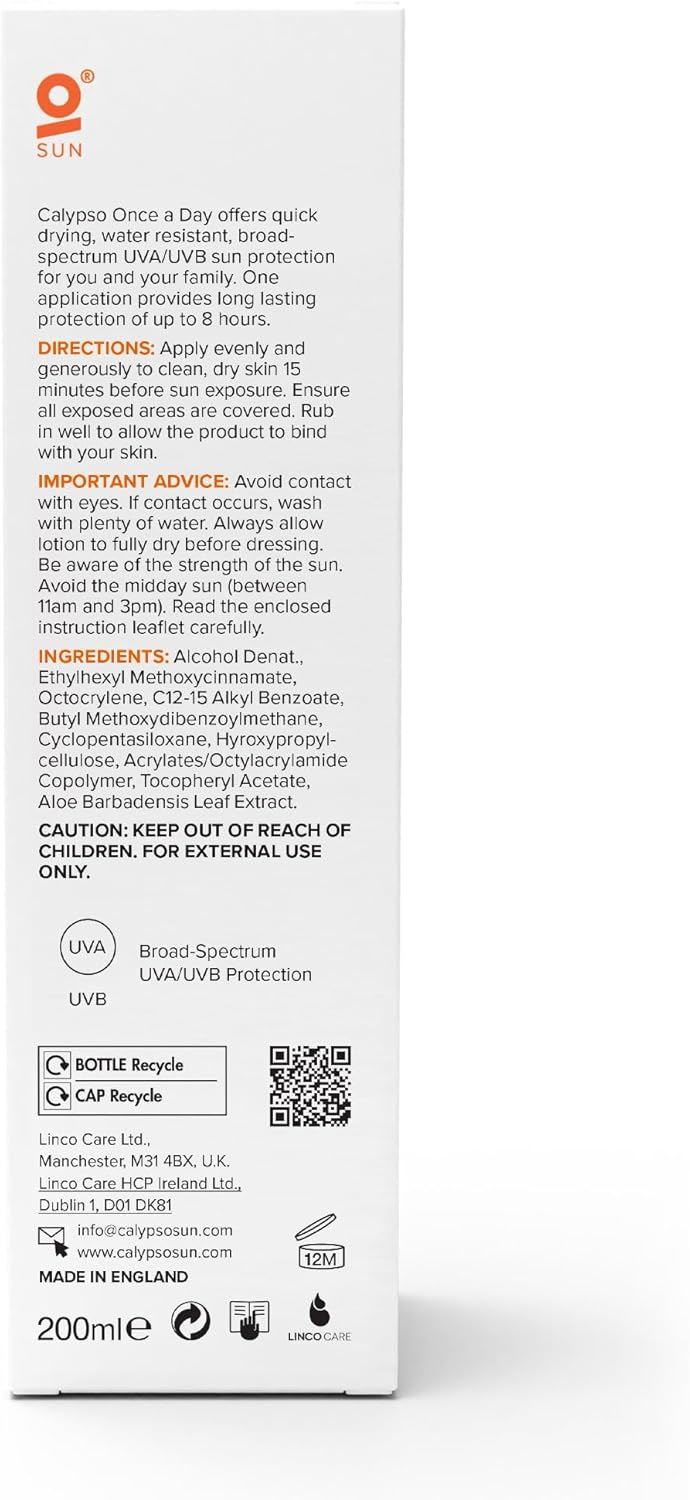Calypso Once A Day Sun Protection Lotion SPF20 | 8 Hours Sun Protection | Non Greasy | Superior 4 Start UVA Rating - 200 ml CALC20L : Amazon.co.uk: Beauty