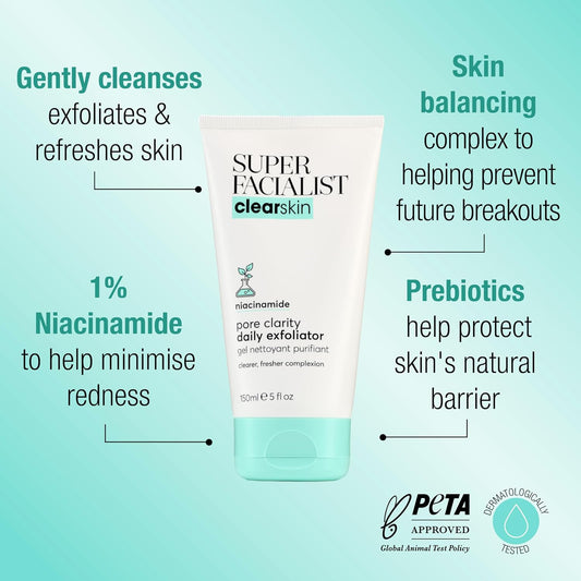 Super Facialist Pore Clarity Daily Exfoliator - Acne Treatment & Blackhead Remover Exfoliator With 1% Niacinamide, Tea Tree Oil & Prebiotics, Vegan Friendly 150Ml