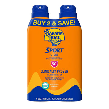 Banana Boat Sport Ultra Spf 50 Sunscreen Spray Twin Pack | Banana Boat Sunscreen Spray Spf 50, Spray On Sunscreen, Water Resistant Sunscreen, Oxybenzone Free Sunscreen Pack, 6Oz Each
