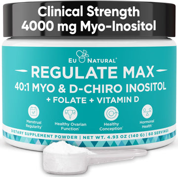 Regulate Max Myo-Inositol & D-Chiro Inositol Supplement Powder For Women With Vitamin D & Folate Pcos Nutritional Support, Hormone Balance & Fertility Support, Unflavored 60 Servings