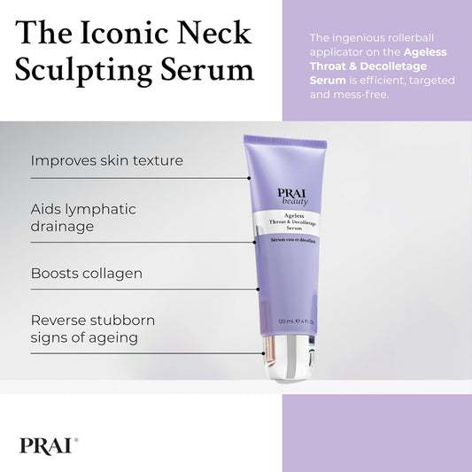 Prai Ageless Throat & Decolletage Serum 120Ml With Rollerball Applicator - Anti-Ageing, Collagen Boosting Skincare - Firms Skin, Smooths Wrinkles, Boosts Collagen, Lifts & Hydrates Neck & Decolletage