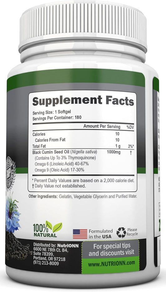 Black Seed Oil - 1000 Mg - 180 Softgels - Cold-Pressed Non-Gmo Black Cumin Seed Capsules - Super High Thymoquinone Content - Nigella Sativa - Rich In Omega 6 & 9 Fatty Acids - Immune Health Support