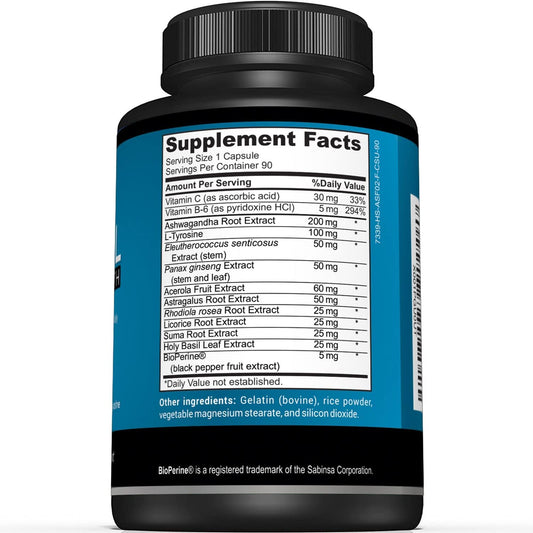 Premium Adrenal Support Supplement - Adrenal Formula For Energy, Adrenal Health & Mood  Adrenal Complex Includes Ashwagandha, L-Tyrosine, Holy Basil & Acerola 90 Capsules