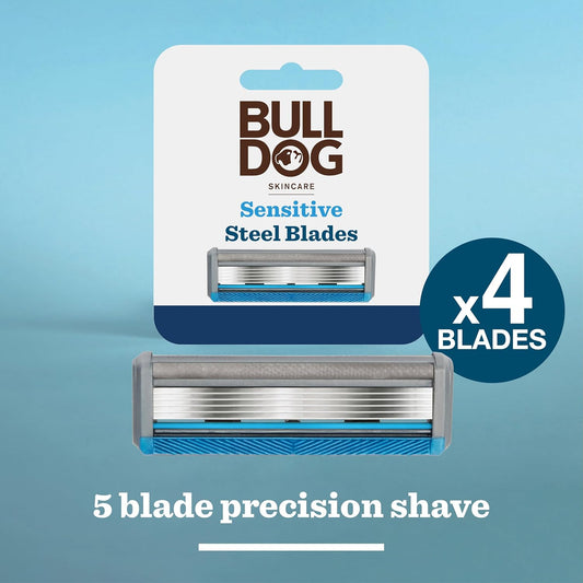 Bulldog Skincare Sensitive Men'S Razor Refills, With 5 Tempered Steel Blades On Each Of The Four Refill Blades, Works With All Bulldog Reusable Razor Handles, 4 Pack