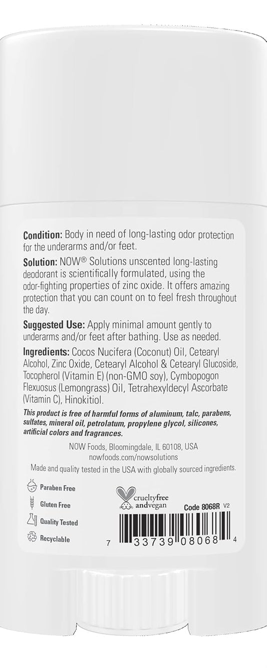 Now Foods Solutions, Long Lasting Deodorant, Unscented, Paraben & Aluminum Free, 2.2-Ounce