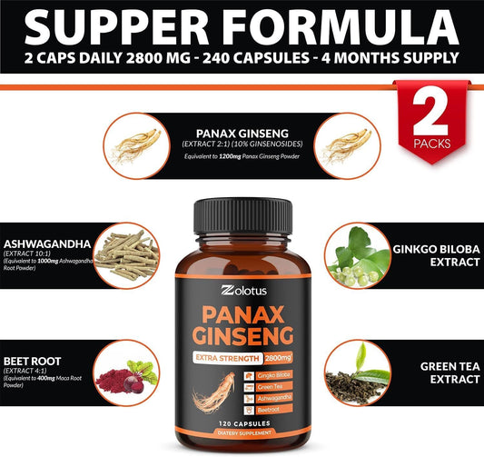 2 Packs Korean Red Panax Ginseng + Ginkgo Biloba, 2800Mg Highest Potency With Ashwagandha, Beetroot, Green Tea Extract, Boost Energy, Mood, Focused Strength, Enhanced Stamina Performance, 240 Capsules