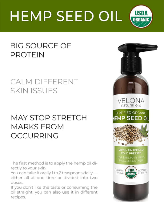 velona Hemp Seed Oil USDA Certified Organic - 8 oz | 100% Pure and Natural Carrier Oil | Unrefined, Cold Pressed