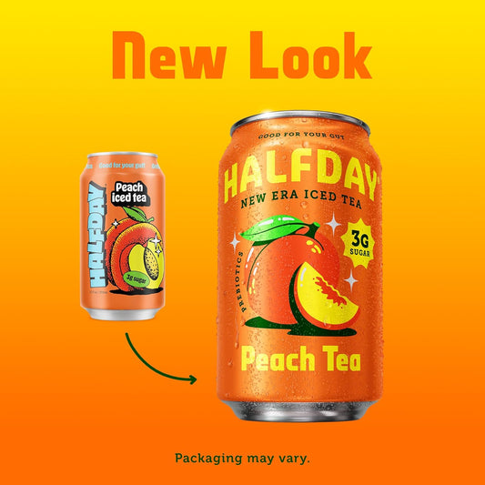 Halfday Prebiotic Peach Iced Tea Cans, Supports Digestive & Gut Health, 6G Plant Fiber & Prebiotics, Low Sugar, 35 Calories, Real Brewed Tea, Natural Caffeine, Gluten Free, Keto, 12 Fl Oz (12 Pack) Packaging May Vary