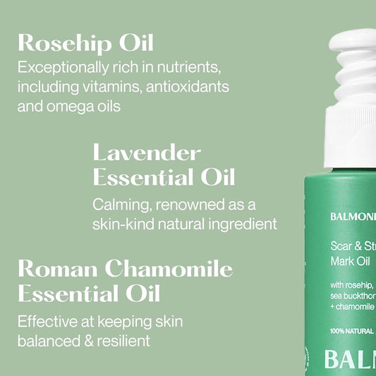 Balmonds Scar And Stretch Mark Oil 50Ml - 100% Natural Blend Of Rosehip, Borage And Sea Buckthorn Oils - Helps Improve The Appearance Of Scars, Uneven Skin Tone, Acne Scars & Stretch Marks