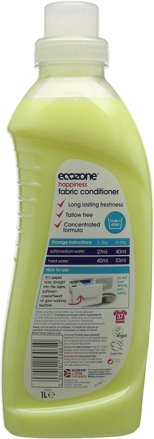 Ecozone Concentrated Happiness Fabric Conditioner | Tallow Free | 37 Washes, 1L