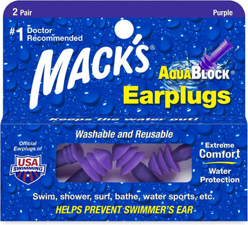 Mack'S Aquablock Swimming Earplugs, 2 Pair - Comfortable, Waterproof, Reusable Silicone Ear Plugs For Swimming, Snorkeling, Showering, Surfing And Bathing (Purple)