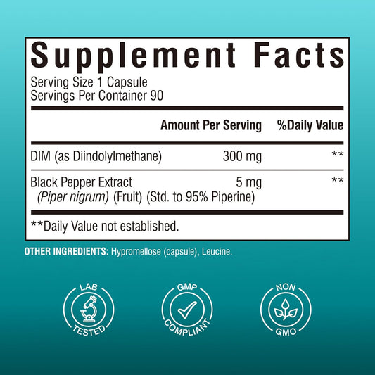 Dim Supplement For Women & Men, Estrogen Metabolism, Hormone Balance & Menopause Support, Dim 300 Mg With Black Pepper Extract, High Absorption, 90 Capsules