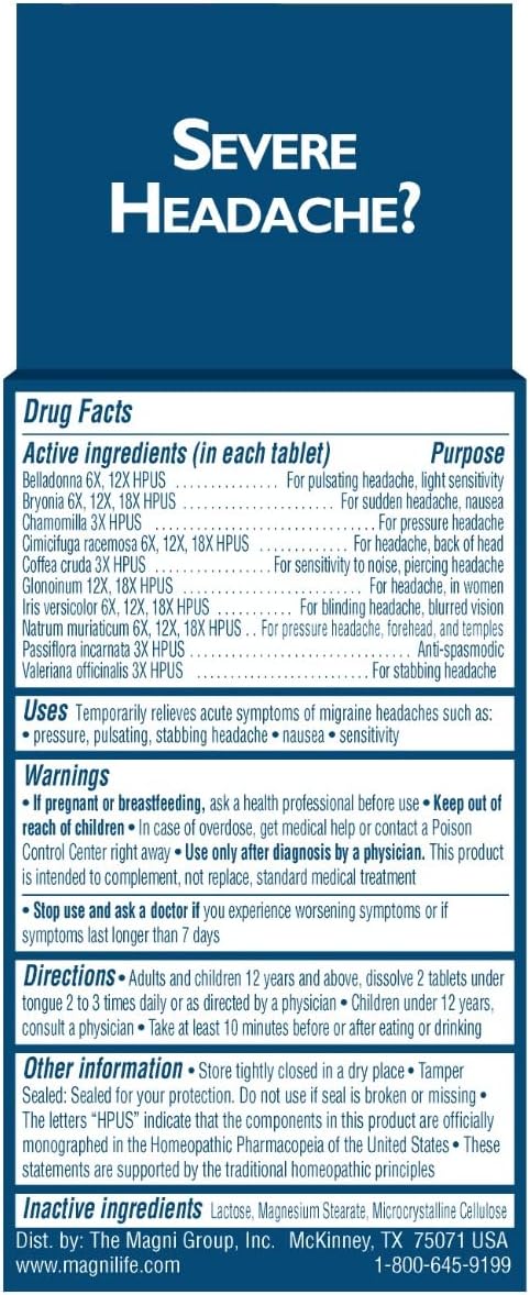 MagniLife Migraine Relief, Fact-Acting, Relieve Throbbing, Pulsating, Stabbing Headache, Ease Nausea, Light & Noise Sensitivity, and Blurred Vision - 90 Tablets : Health & Household