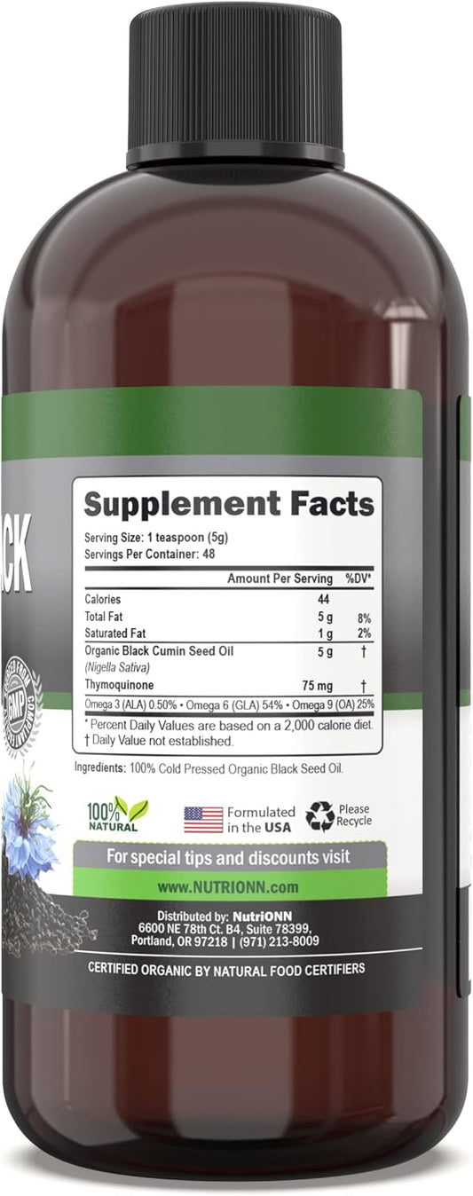 Organic Black Seed Oil - Usda Certified Organic Black Cumin Seed Oil Liquid – High Thymoquinone Content – Non-Gmo And Cold-Pressed – Rich Source Of Omega-6 & Omega-9 Fatty Acids - 8 Oz