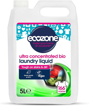 Ecozone Ultra Concentrated Biological Laundry Liquid, Bio Detergent, Washing Machine Powerful Clothing Stain Removal & Cleaning, Natural Vegan, Non Toxic, Eco Friendly, Gentle On Skin, 166 Washes (5L)