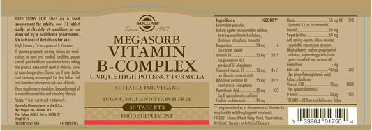 Solgar Megasorb Vitamin B-Complex Tablets - Pack Of 50 - High Potency And Absorption - Improved Energy And General Vitality - Vegan And Gluten Free